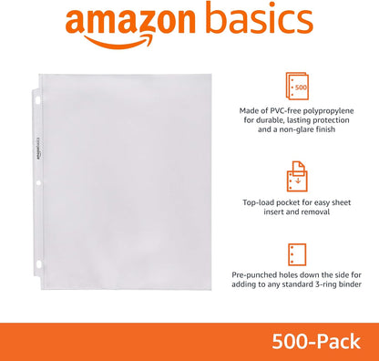 Amazon Basics Sheet Protectors for 3 Ring Binder, Heavyweight, Acid-Free, Clear Plastic Sleeves, Letter Size, 8.5 x 11 Inch, 100-Pack