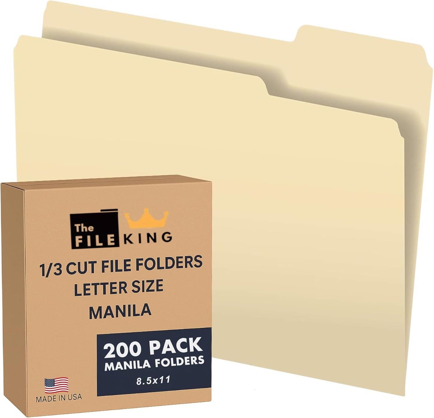 The File King 1/3 Cut File Folders Letter Size - 100 Pack | Manilla Folders 8.5 x 11 | Assorted 3 Tabs | Heavy Duty 11-Point Fiber | Made in USA | Undercut Front Style | Easy Labeling & Organization