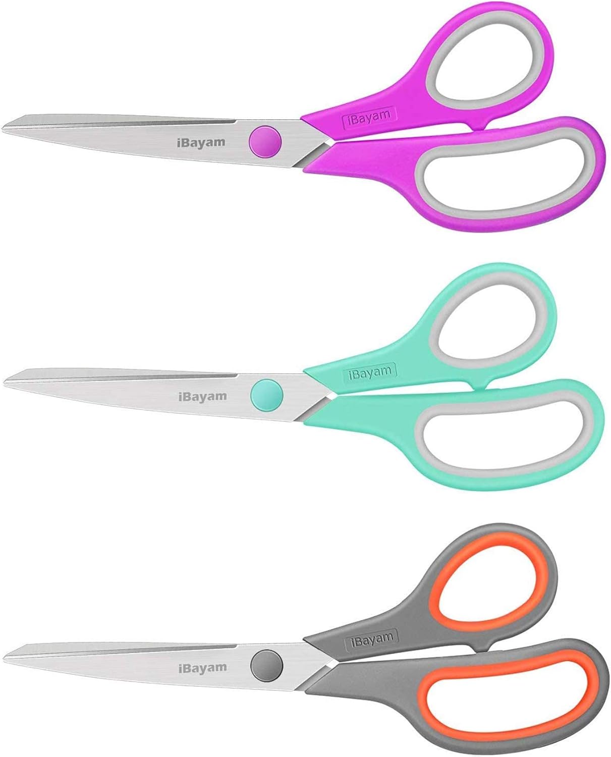 Scissors, iBayam 8" All Purpose Scissors Bulk 3-Pack, Ultra Sharp 2.5mm Thick Blade Shears Comfort-Grip for Aesthetic Fun Cute School Office Teacher Desk Crafts and Art Supplies Accessories Essential