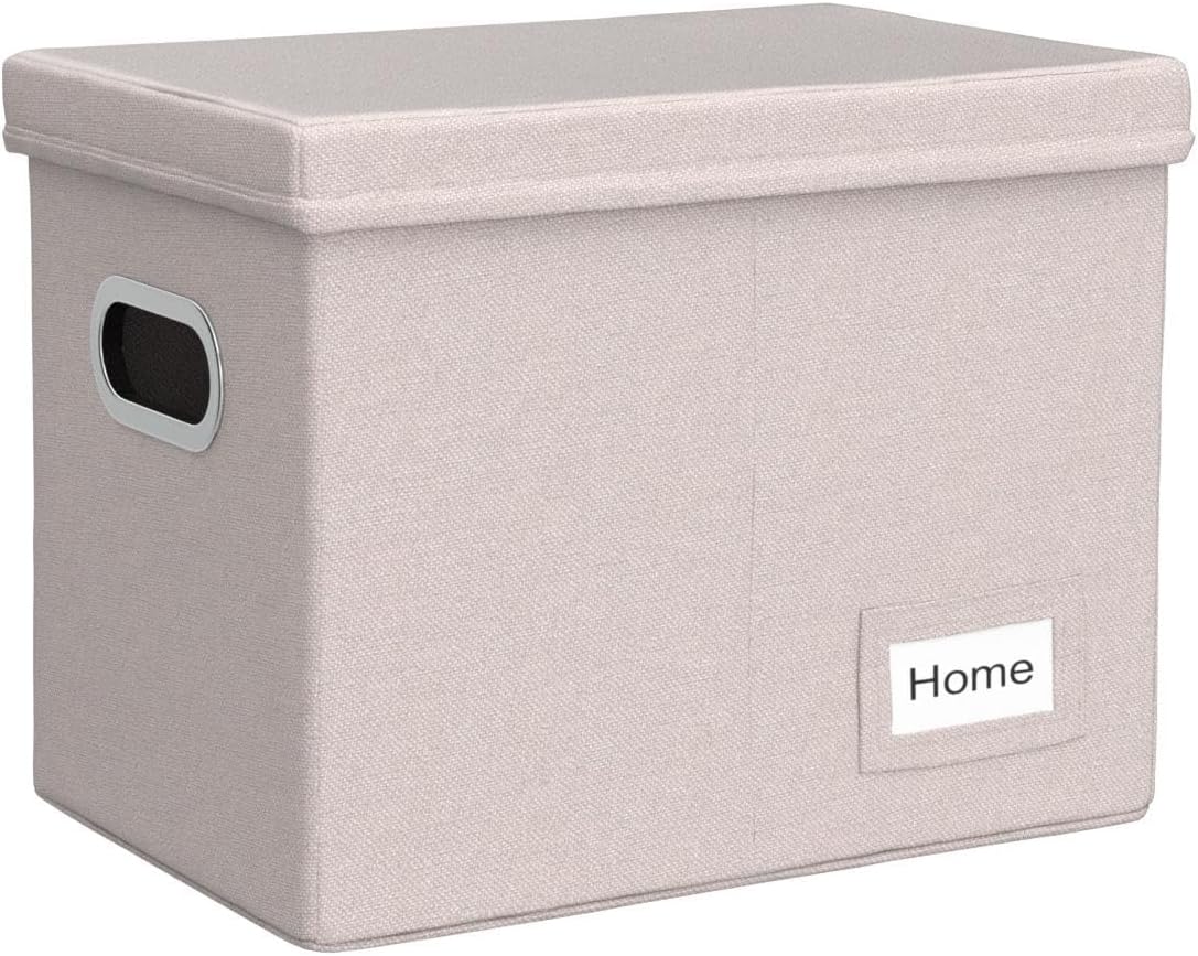 PRANDOM File Organizer Box - Collapsible Decorative Linen Filing Storage with Lids for Letter Size - Grey (14x9.3x10.8 inch)