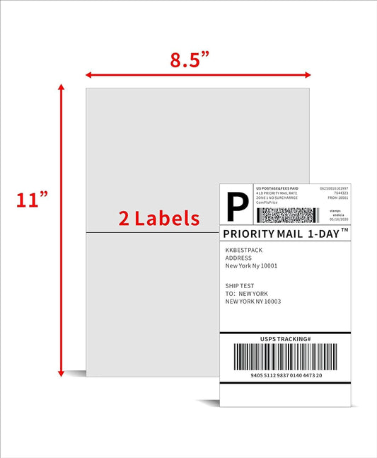KKBESTPACK Half Sheet Shipping Labels for Laser and Inkjet Printers – 2 Per Page Self Adhesive Mailing Labels – White 8.5 x 5.5 (200 Labels) (2LP)