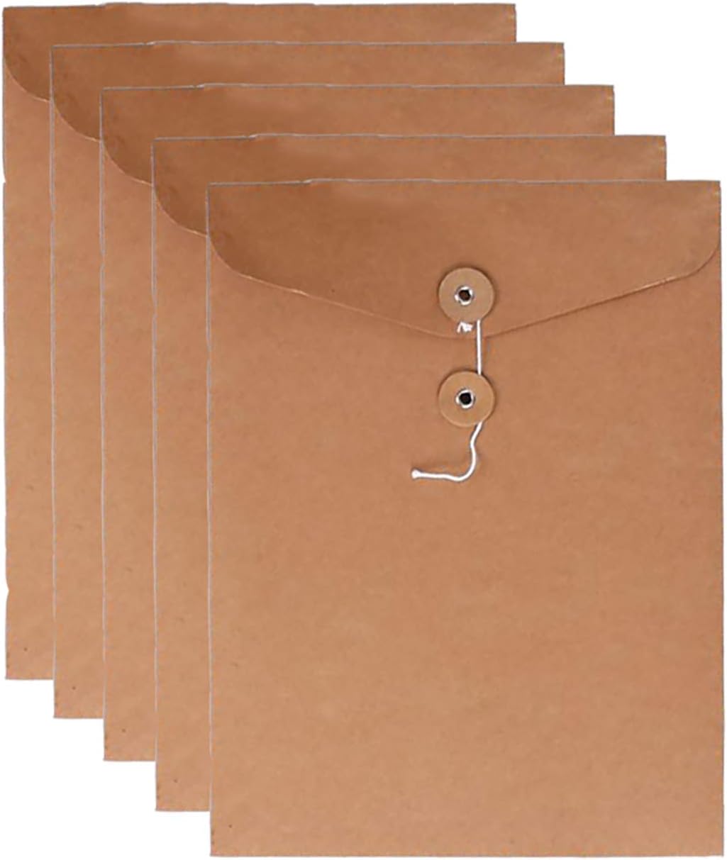 VANRA Kraft Paper A4/C4 File Folders Filing Envelope Folder Pack of 5, Filing Envelope Folder Jacket Document Letter Organizer with String Closure for School,Office (Black)