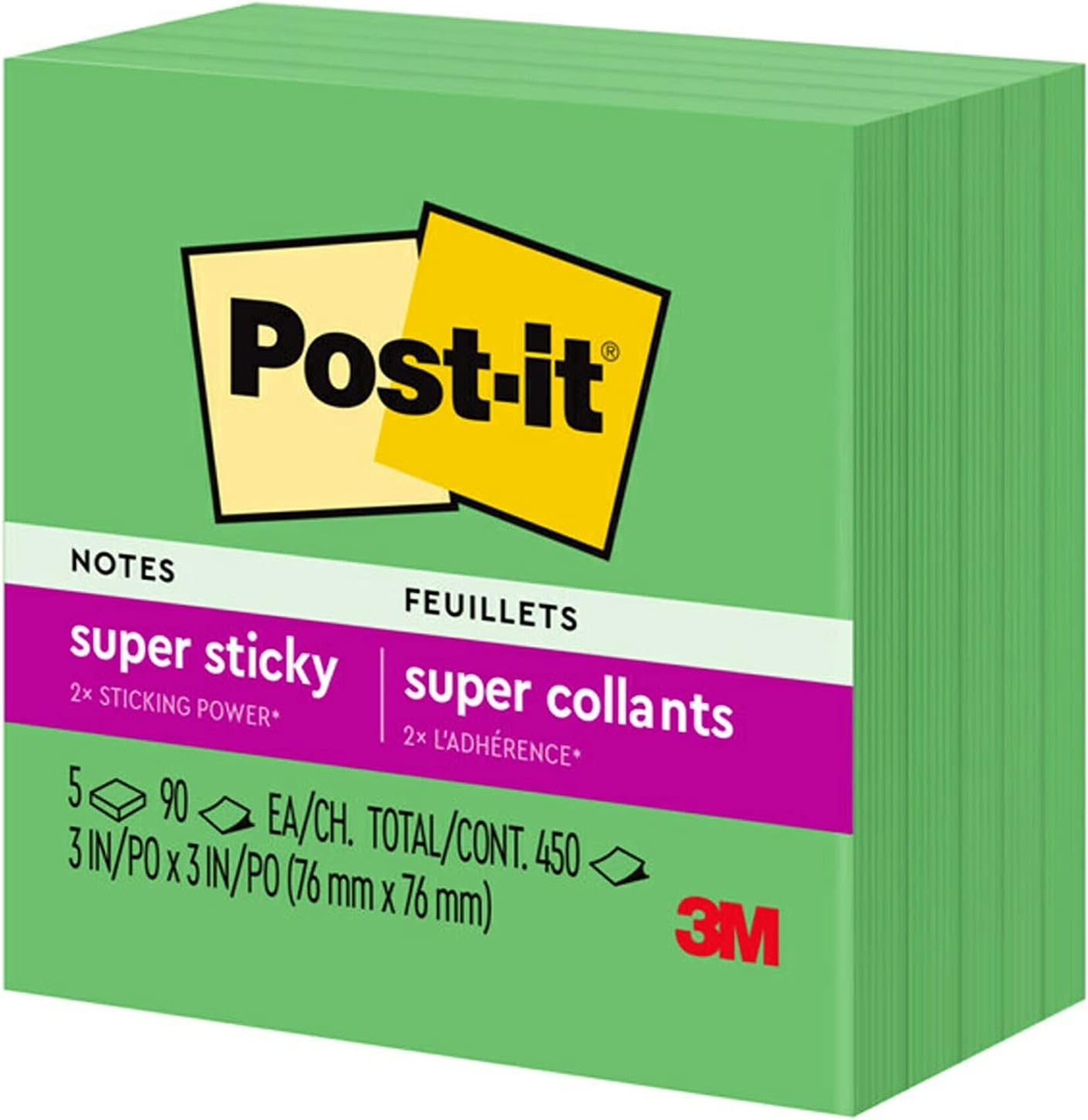 Post-it Super Sticky Notes, 5 Sticky Note Pads, 3 x 3 in., School Supplies, Office Products, for Vertical Surfaces, Monitors, Walls and Windows, First Snow White