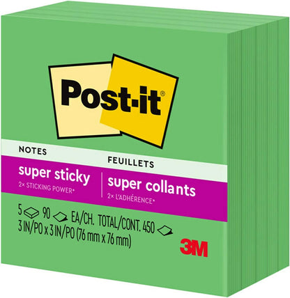 Post-it Super Sticky Notes, 5 Sticky Note Pads, 3 x 3 in., School Supplies, Office Products, for Vertical Surfaces, Monitors, Walls and Windows, First Snow White