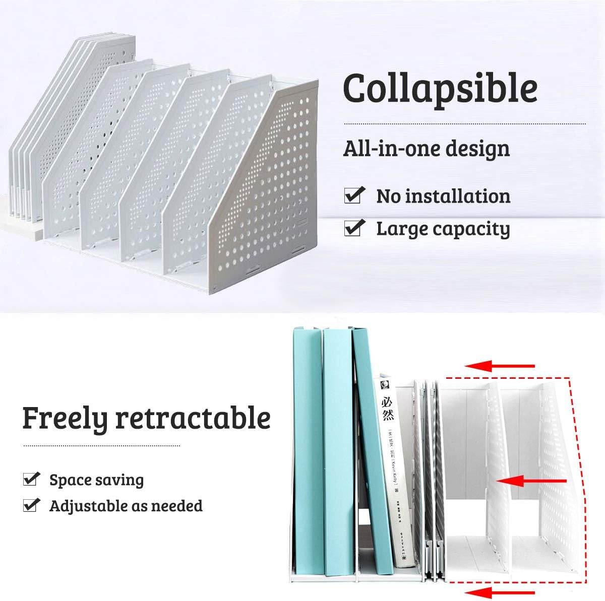 Lemical Magazine Holder 4 Vertical Compartments Collapsible Magazine File Holder Space Saving Rack Home Kitchen Desk Organizer No Need Assemble (Black)