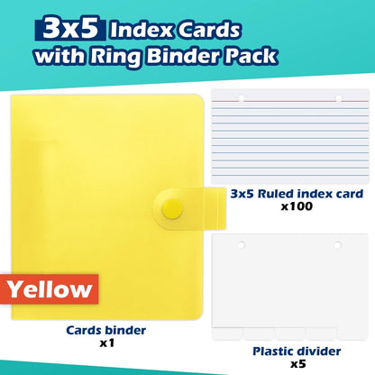3x5 Lined Index Cards with Ring Binder Holder and Dividers, 100 Ruled Cards, Blue