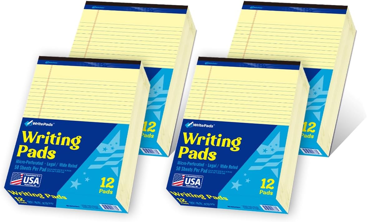 6 Pack Legal Note Pads Wide Ruled 8.5" x 11" Writing Pads (50 Sheets/Pad) White Recycled Paper Micro-Perforated Notepad Hard Back Notepads for Office & School Supplies - Made in USA