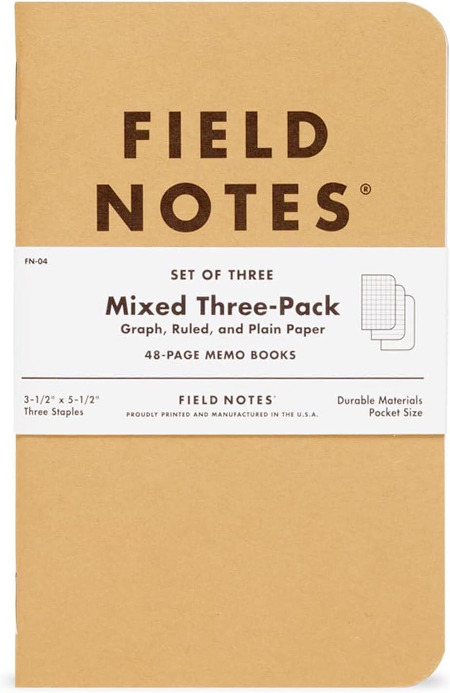 Field Notes: Original Kraft 3-Pack - Mixed Paper (1 Graph/Grid, 1 Ruled/Lined, 1 Plain/Blank) Memo Books - 48 Page Pocket Notebooks - 3.5" x 5.5"