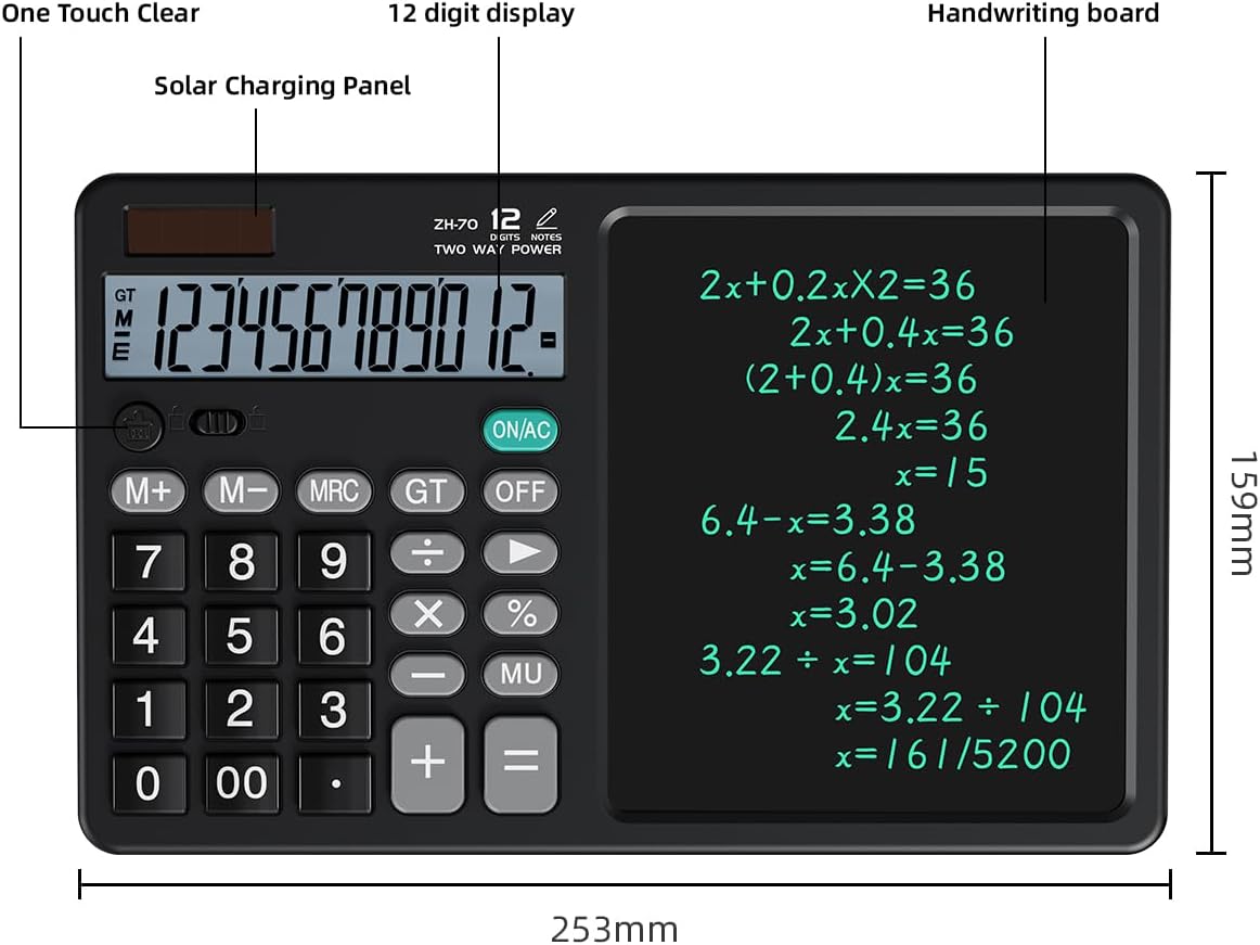 Desk Calculator with Erasable Writing Pad, 12-Digit Wide Screen Display, 100,000+ Reusable LCD Notepad, One-Click Clear & Lock Function, Solar and Battery Dual Power for Office,School,Business (Black)