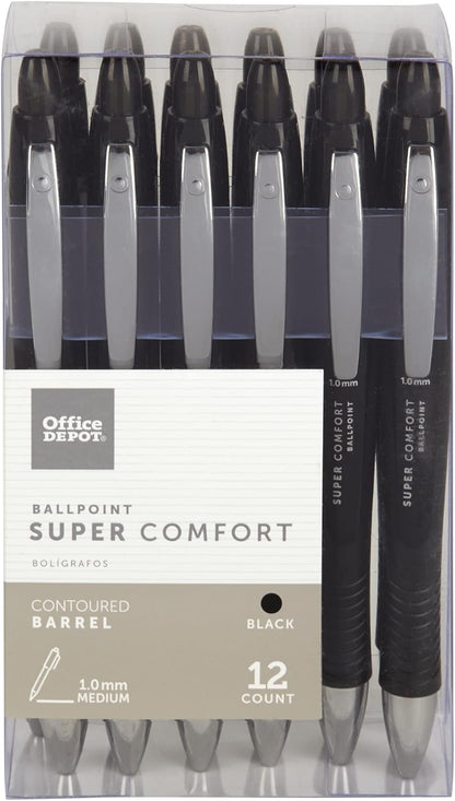 Office Depot Super Comfort Grip Retractable Ballpoint Pens, 1.0 mm, Medium Point, Black Ink, 12 pk, OD36101