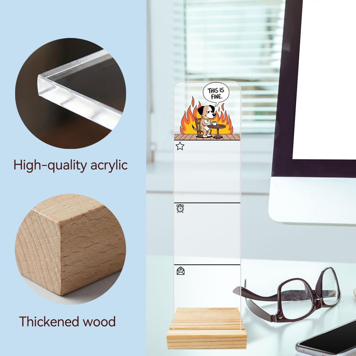 Sticky Notes Monitor Memo Board Acrylic Note Holder with Removable Wooden Base, Everything is Fine Logo Desk Set Includes 200 Sheets Two Sizes Sticky Notes, Office Desk Accessories Organizer