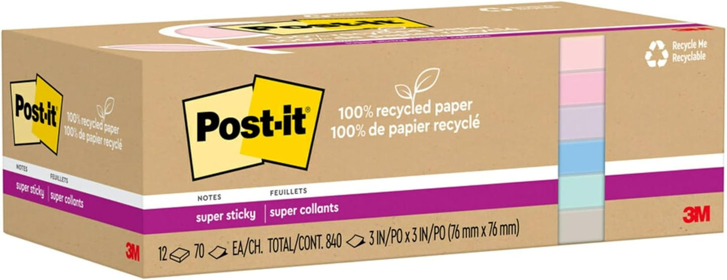 Post-it 100% Recycled Paper Super Sticky Notes, 3 in. x 3 in., 12 Pads, 70 Sheets per Pad, Wanderlust Pastels, School Supplies and Office Products