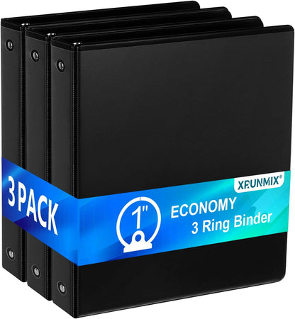 1'' Economy 3-Ring Binders, 1-inch Round Rings, Holds 200 Sheets US Letter Size, ClearVue Presentation View, Non-Stick, Black (12)