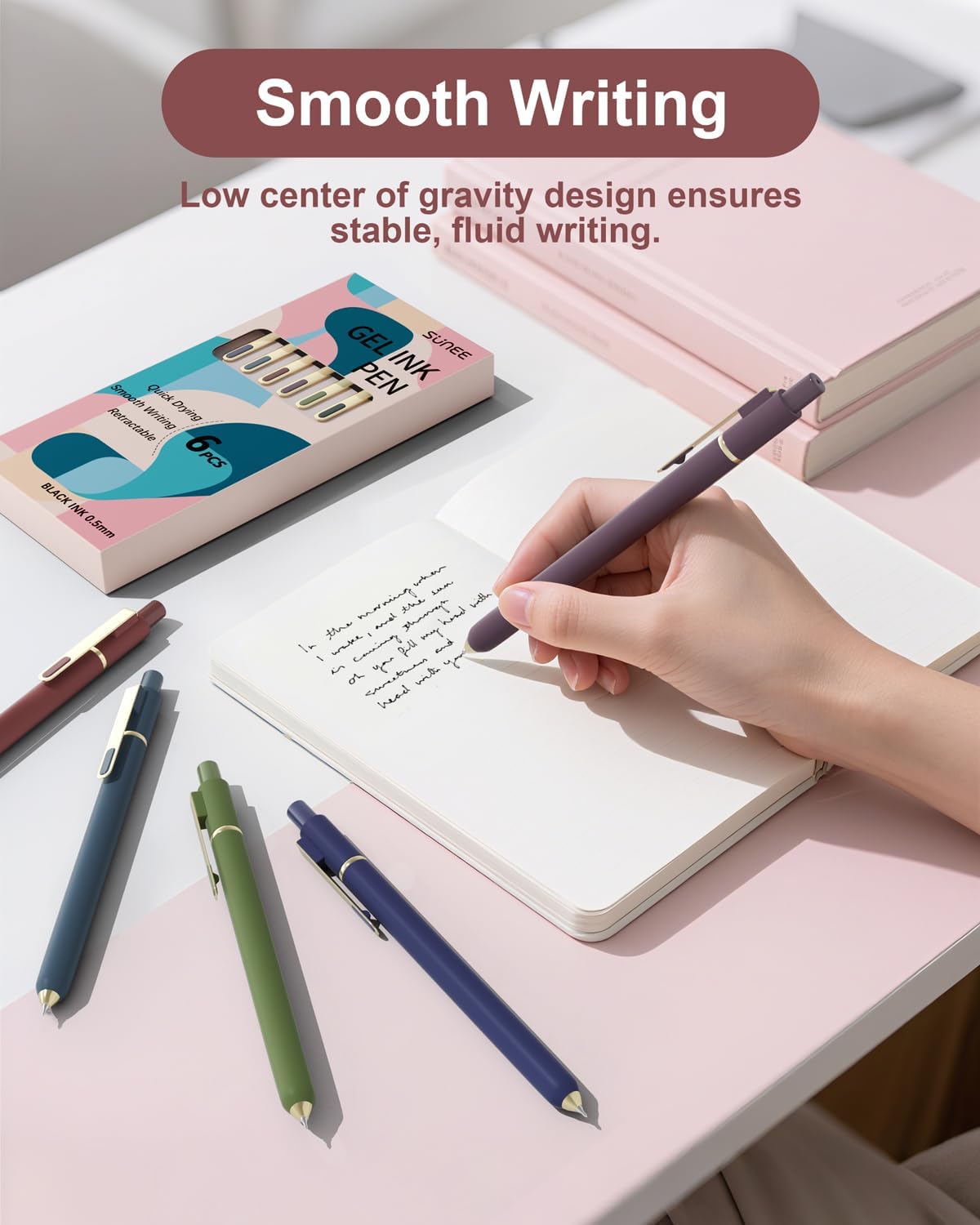 SUNEE Gel Pens, 6 Pack 0.5mm Pens Fine Point Smooth Writing Pens with Quick-Dry Black Ink, Cute Aesthetic School Office Note-Taking Pens for Journaling - Morandi