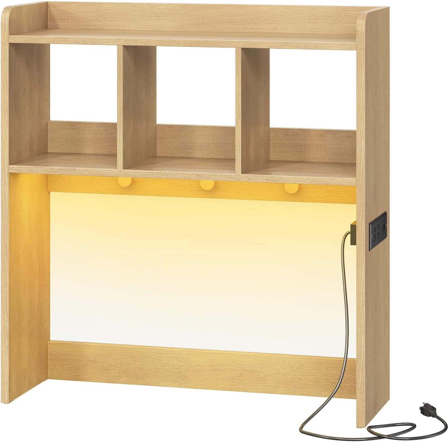 HOOBRO Desktop Bookshelf, Office Desktop Shelf, Desk Hutch with Outlets, Wooden Office Desktop Bookcase, Desktop Organizer Shelf with LED Light Strip and 3 Hooks, for Home, Study, White WT12UDSJ01