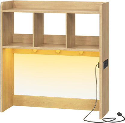 HOOBRO Desktop Bookshelf, Office Desktop Shelf, Desk Hutch with Outlets, Wooden Office Desktop Bookcase, Desktop Organizer Shelf with LED Light Strip and 3 Hooks, for Home, Study, White WT12UDSJ01
