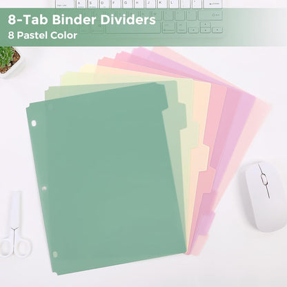 SKYDUE 8 Tab Durable Plastic Dividers, Big Tab Dividers for 3 Ring Binder, Letter Size,Write & Erase Binder Dividers with Tabs, with Sticker Labels, 1 Set, Aesthetic Pastels Binder Dividers