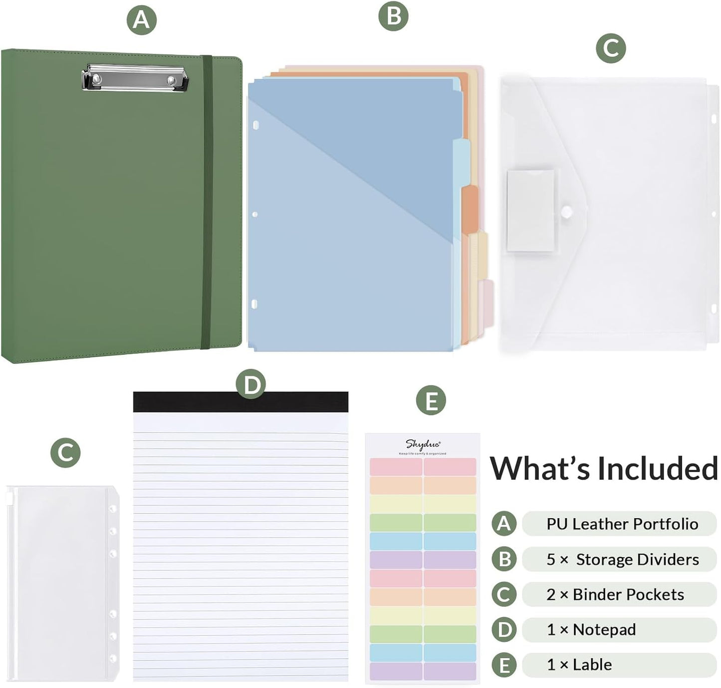 SKYDUE 3 Ring Binder with Clipboard,1 Inch Binder, 13.2" × 10.2" PU Clipboard Binder with Notepad & 5 Dividers with 5 Pockets, Labels, Clipboard Folder Great for School Office(Fit Letter Sized Paper)