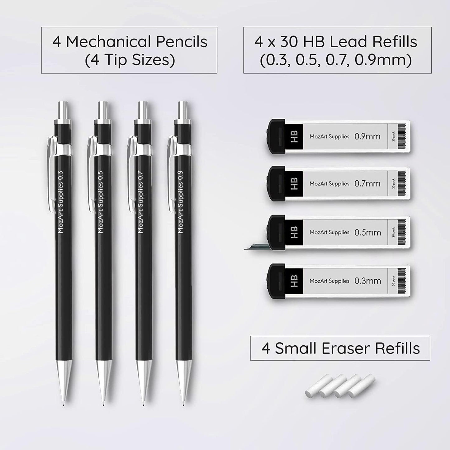 Mozart Essential Set of Lead Refills - 4 Sizes: 0.3, 0.5, 0.7 & 0.9 mm with 100 HB Lead Refills for Each - for Sketch, Architecture, Drafting, Art, Drawing Supplies, Metal Mechanical Pencils