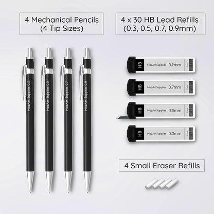 Mozart Essential Set of Lead Refills - 4 Sizes: 0.3, 0.5, 0.7 & 0.9 mm with 100 HB Lead Refills for Each - for Sketch, Architecture, Drafting, Art, Drawing Supplies, Metal Mechanical Pencils