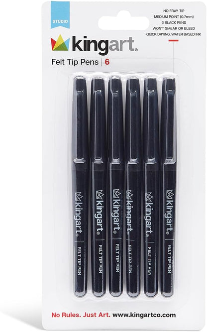 KINGART Studio Felt Tip Pens, 6 Black Ink Markers - 0.7mm Medium Point, Water-Based, Smear-Resistant Pens for Writing, Sketching, and Journaling.