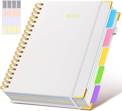 Hardcover Spiral Notebook Journal with Removable Dividers Tabs, 300 Pages Leather 5 Subject Notebook College Ruled, 8"x10" Large B5 Notebooks for Work School Note taking, Lined Journal for Women, Pink