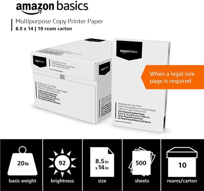 Amazon Basics Multipurpose Copy Printer Paper, 20 lb, 8.5 x 11 Inches, 10 Reams (5,000 Sheets), 92 Bright White