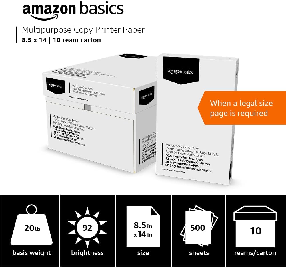 Amazon Basics Multipurpose Copy Printer Paper, 20 lb, 8.5 x 11 Inches, 10 Reams (5,000 Sheets), 92 Bright White