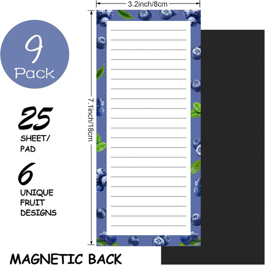 Joyberg 9 Pack Magnetic Notepads for Refrigerator, Magnetic Notepads for Refrigerator, Fruit Design Grocery List Pad for Fridge, Full Magnet Back Shopping Lists, 25 Sheets Per Note Pads
