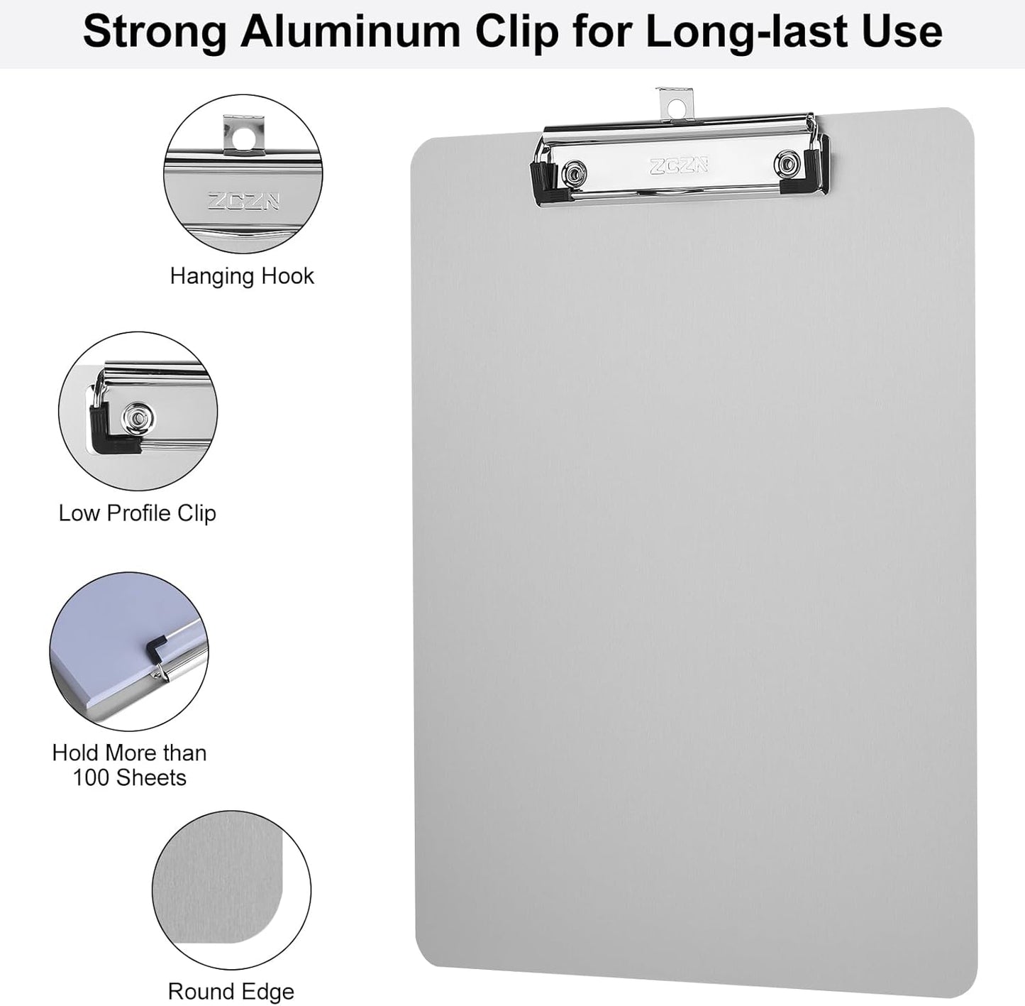 ZCZN Metal Clipboards, 2 Pack Heavy Duty Aluminum Clipboards 12 x 9 Inches, A4 Letter Sizer Document Holder with Low Profile Clip, Suitable for School, Office, Jobsite or Medical Staff, Silver