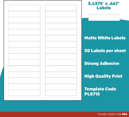 Premium Label Supply White File Folder Labels – 3.4375" x .667" – Laser/Inkjet Compatible – (30 per Sheet) 25 Sheets – 750 Total Adhesive Labels