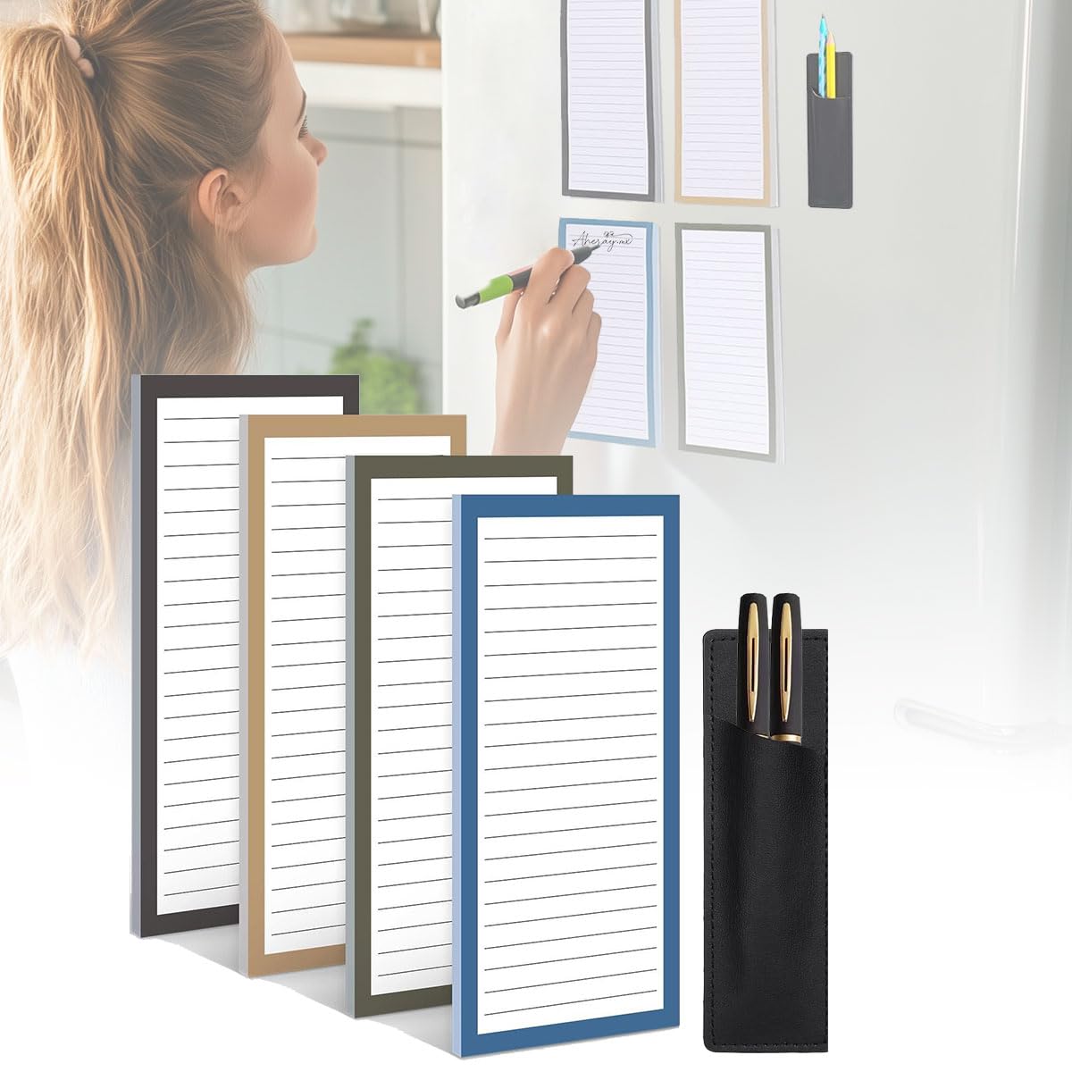 4 Pack Magnetic Notepads for Refrigerator with Magnetic Pen Holder, Fridge Grocery List Pads, 30 Sheets Per Pad, Full Magnetic Back Shopping List Memo Notepads for To-Do List Reminders, 7.9 x 3.5 inch