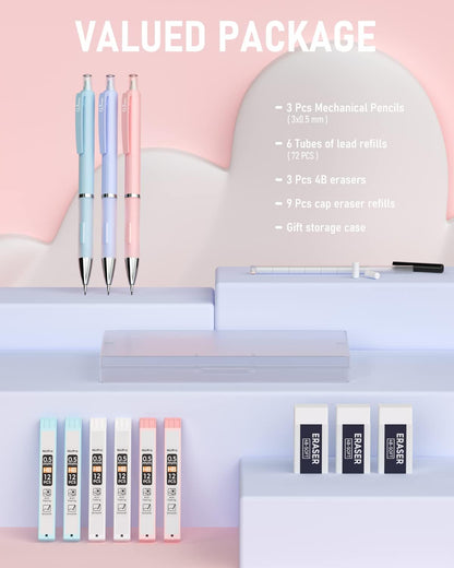 Nicpro 3PCS Cute Mechanical Pencil Set with Case, 0.7 mm Pencils with 6 Tube HB Lead Refill, 3PCS Eraser, 9PCS Eraser Refill for School Supplies Student Writing, Drafting Drawing Sketching