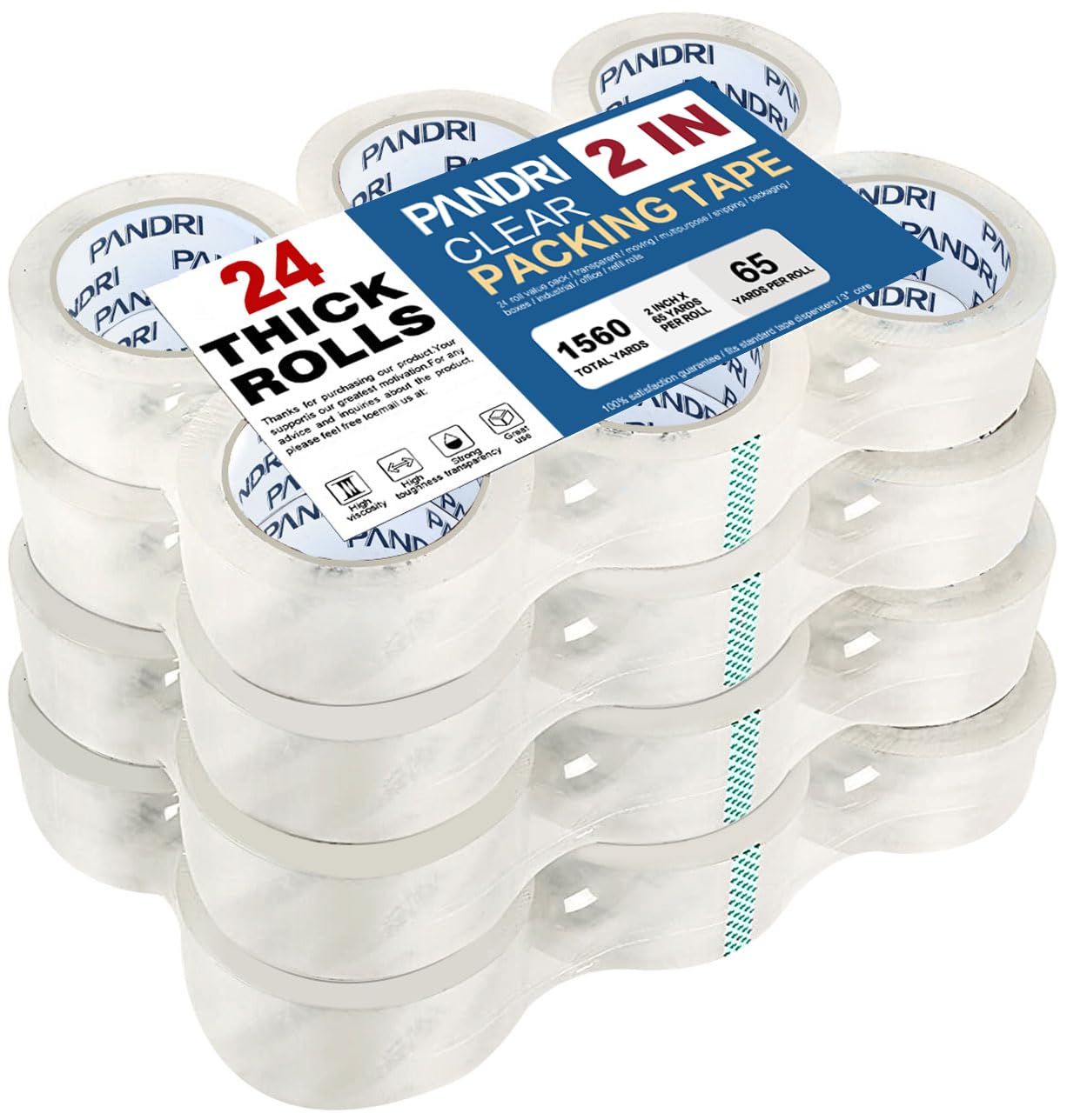 PANDRI Clear Packing Tape, 24 Rolls Heavy Duty Packaging Tape for Shipping Packaging Moving Sealing, 1.88 inches Wide, 65 Yards Per Roll, Total 1560 Yards