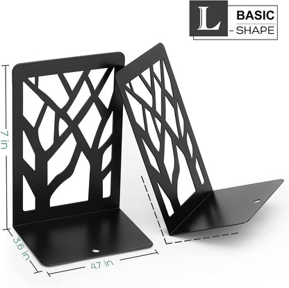 MaxGear Book Ends Tree Design Modern Bookends for Shelves, Non-Skid Book Holder, Heavy Duty Metal Book Storage for Books/CDs, Decorative Book Stopper for Home, 7 x 4.7 x 3.5”, Black,2 Pair/4 Pieces