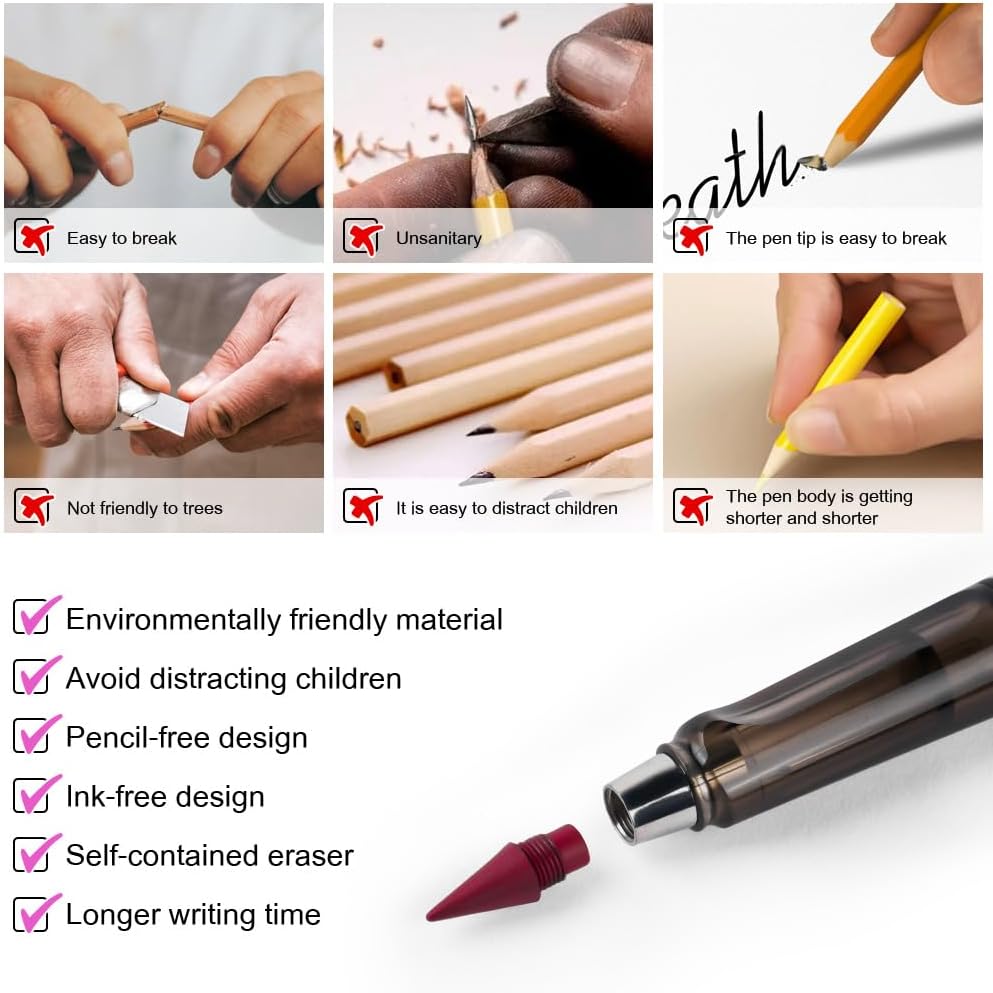 Ainiv Inkless Pencil with Eraser - 5 Sets Infinity Pencil, Reusable with Extra 5 Eraser & 5 Replaceable Nibs for Home, Office & School Writing, Drawing