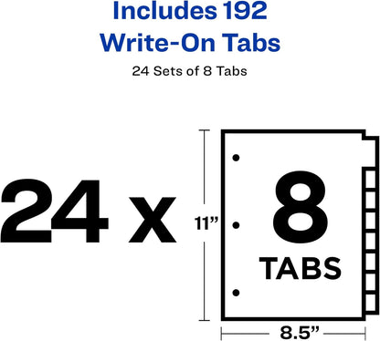 Avery 8-Tab Binder Dividers, Write-On Plain Tabs, 24 Sets (11507)