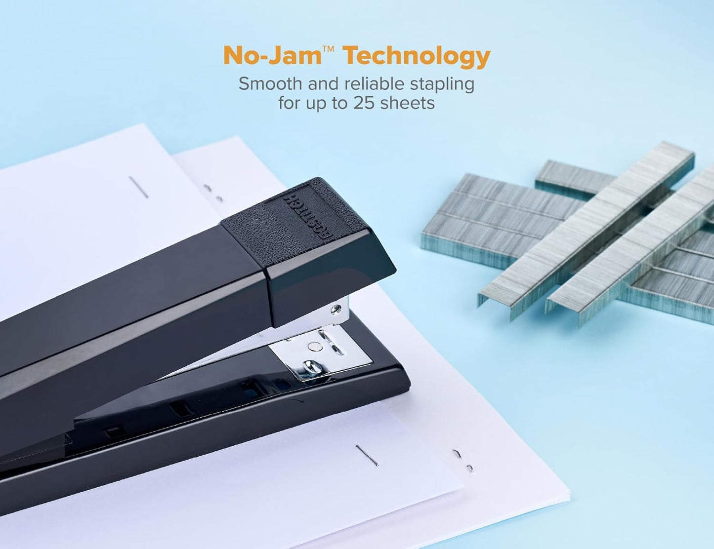 Bostitch Office Stapler, No-Jam Premium for Desktop, Includes 1,250 Staples, Full-Strip, 25 Sheet Capacity, Black