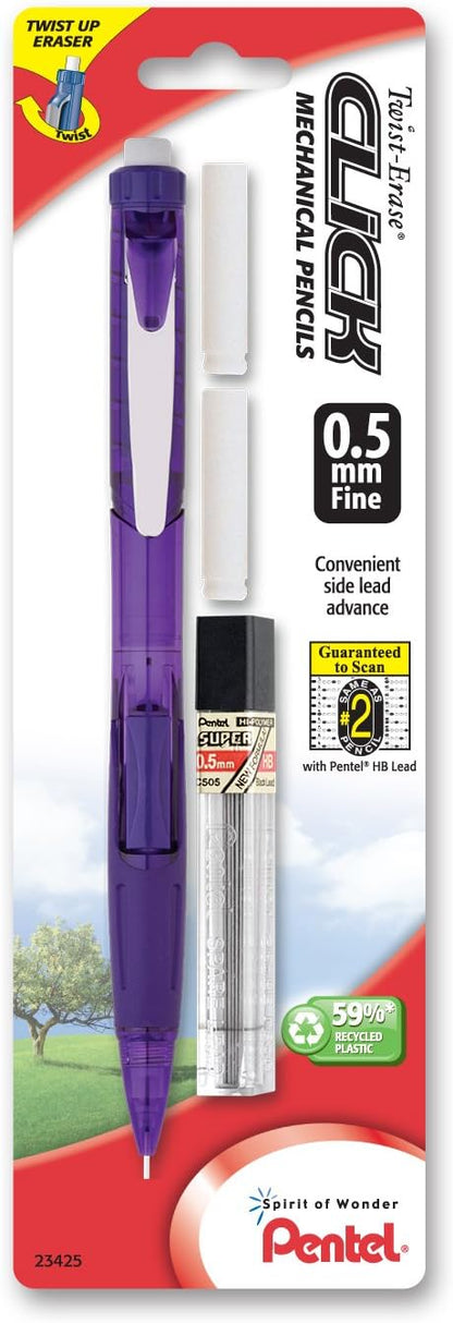 Pentel Twist Erase Click Automatic Pencil with 2 Eraser Refills and Lead, 0.9 mm, Assorted Barrels, Color May Vary, 2 Pack (PD279TLEBP2)