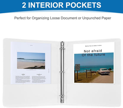 1/2 Inch 3-Ring Binder, 0.5-inch Round Ring Binder with 2 Inside Pockets, 12 Pack White Binders, Clear View CoverBinder Holds 8.5'' x 11''Paper for Office/Home/Back to School