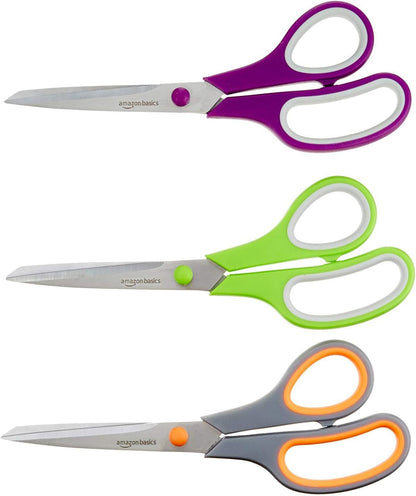 Amazon Basics Multipurpose Stainless Steel Scissors for Office, Crafts, Paper Cutting, Fabric Cutting, Right/Left Handed, Comfort Grip, PVD Coated, 2-Pack, Green and Grey