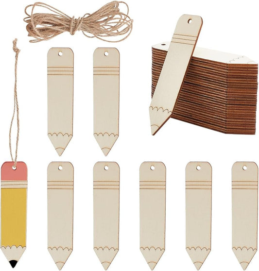 BENECREAT 30Pcs Wooden Pencil Cutouts Back to School Wooden Cutout Blank Labels Tags with Jute Cord Pencil Hanging Ornaments for Teacher Appreciation Week