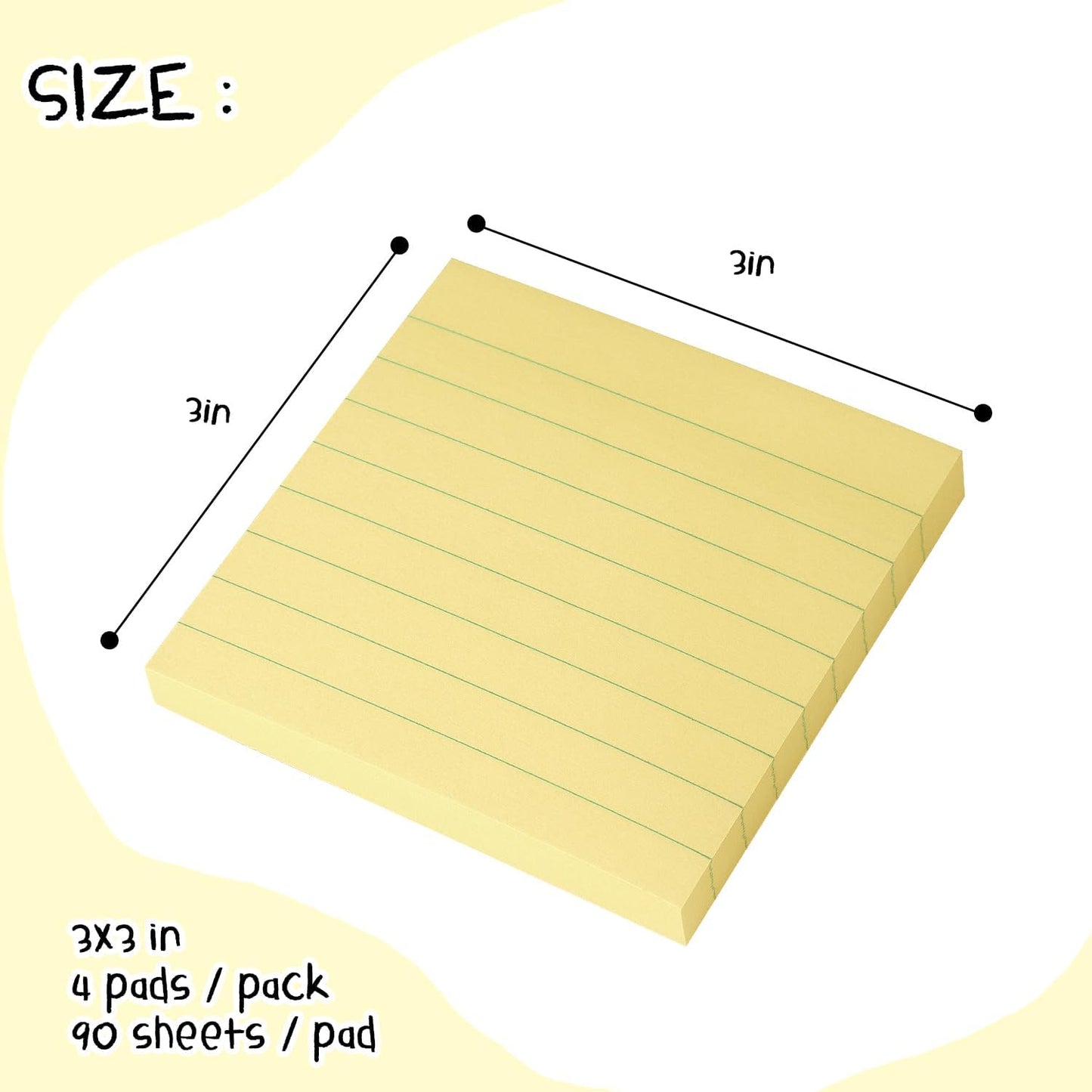 Lined Sticky Notes 3x3 Sticky Notes with Lines Self-Stick Notes Bright Color 4 Pads 90 Sheets/Pad (Pastel)