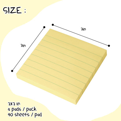 Lined Sticky Notes 3x3 Sticky Notes with Lines Self-Stick Notes Bright Color 4 Pads 90 Sheets/Pad (Pastel)