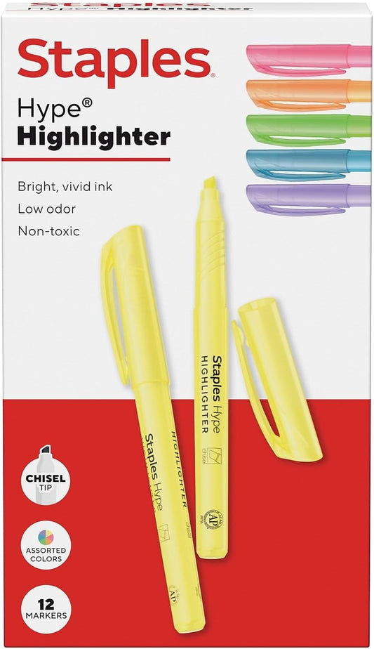 STAPLES Stick Highlighters, Chisel Tip, Assorted Colors, 12 Pack – Hype Smooth‑Glide Highlighting Markers for School & Office