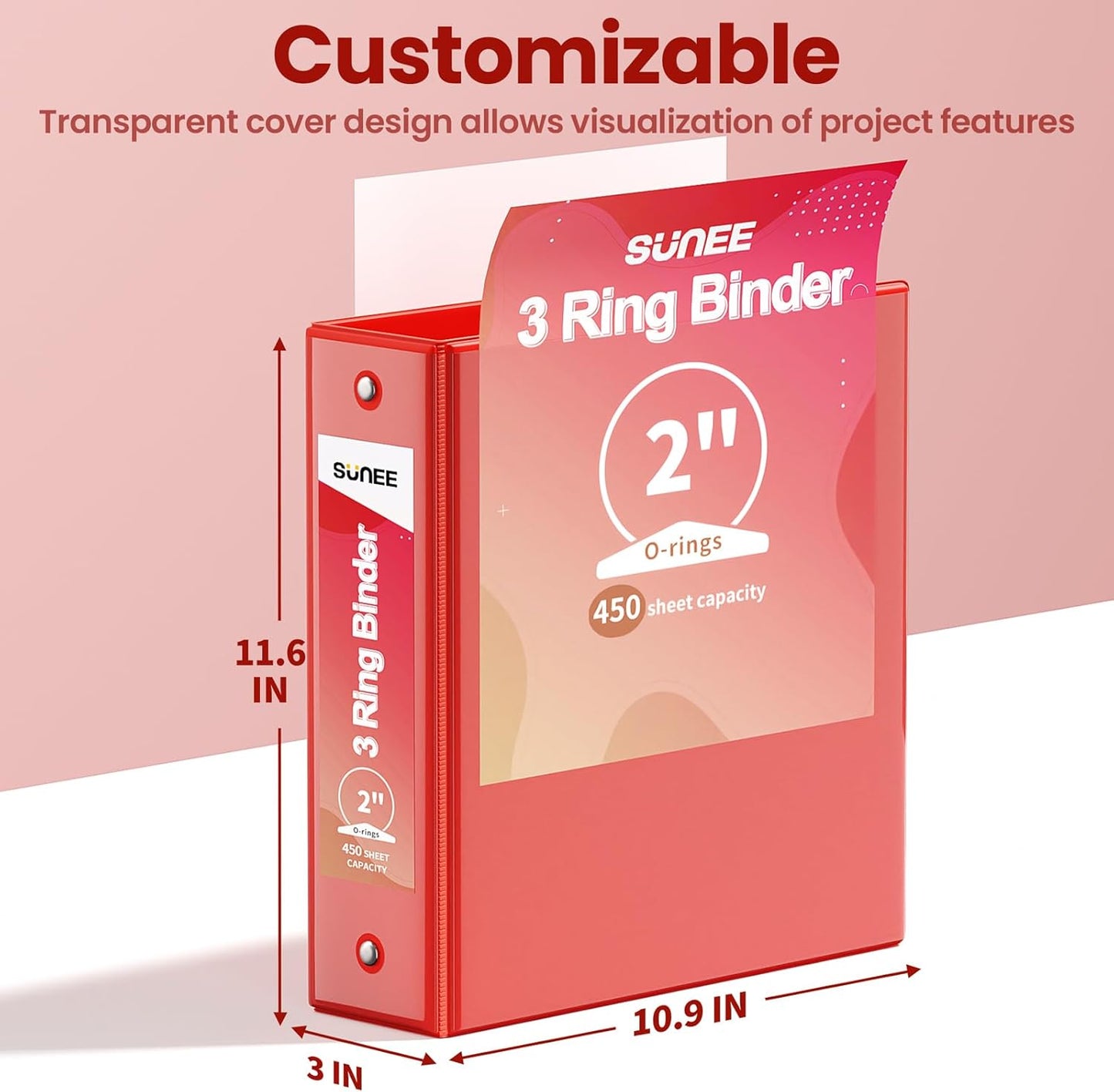 SUNEE 3 Ring Binder 3 Inch 1 Pack, Clear View Binder Three Ring PVC-Free (Fit 8.5x11 Inches) for School or Office Supplies, Pink