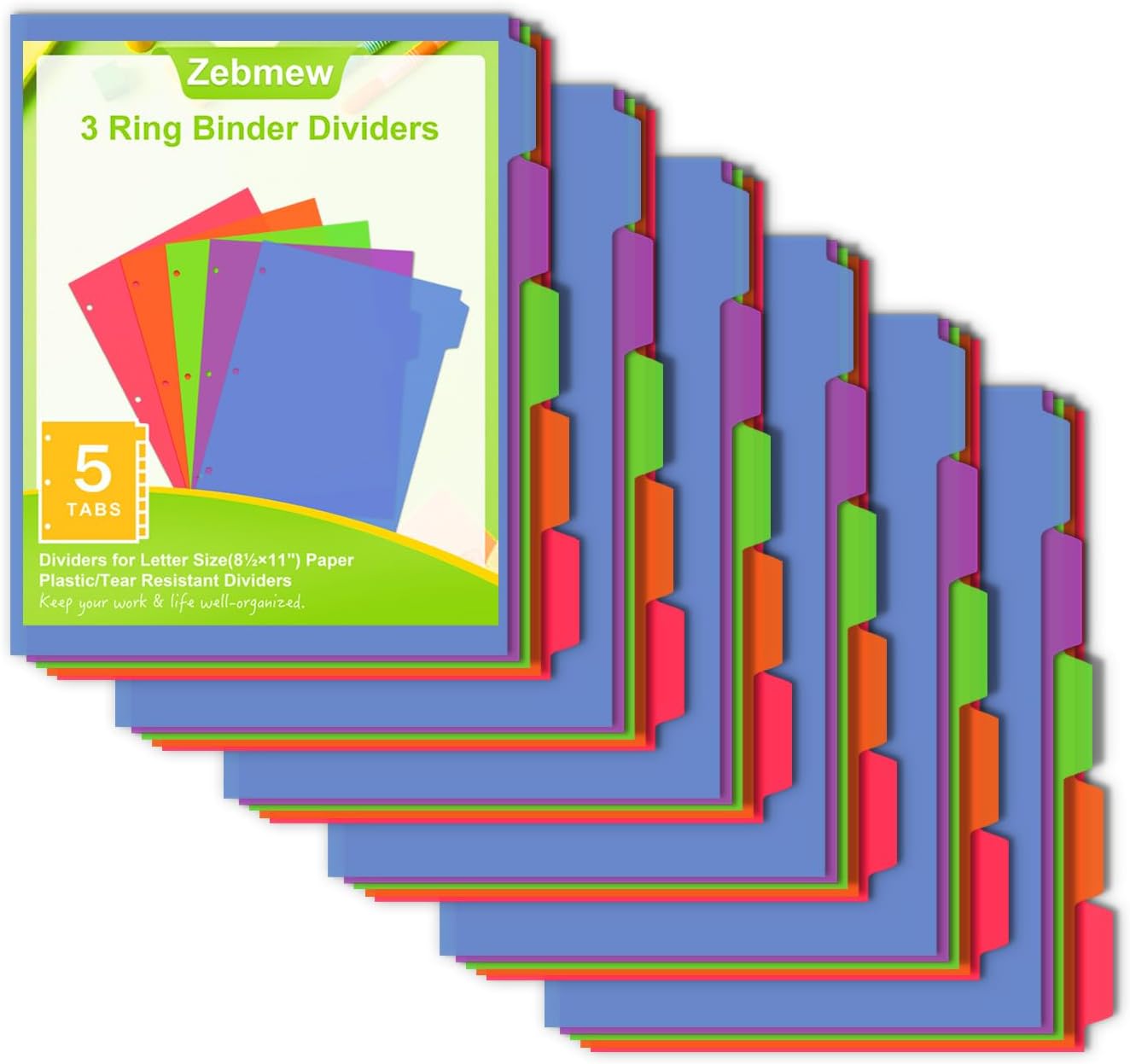 Cute 5 Tab Binder Dividers with Tabs, Write&Erase Plastic Dividers for 3 Ring Binder, Multicolor, Ring Binder Dividers with Tabs for School Office,6 Sets(30pcs)