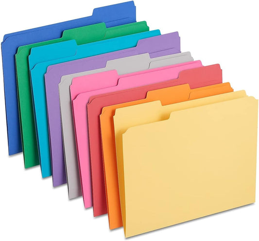 Staples Reinforced File Folders, Letter Size, 1/3‑Cut Tabs, Assorted Colors, Heavy‑Duty 10.5‑Point Stock, 100/Box