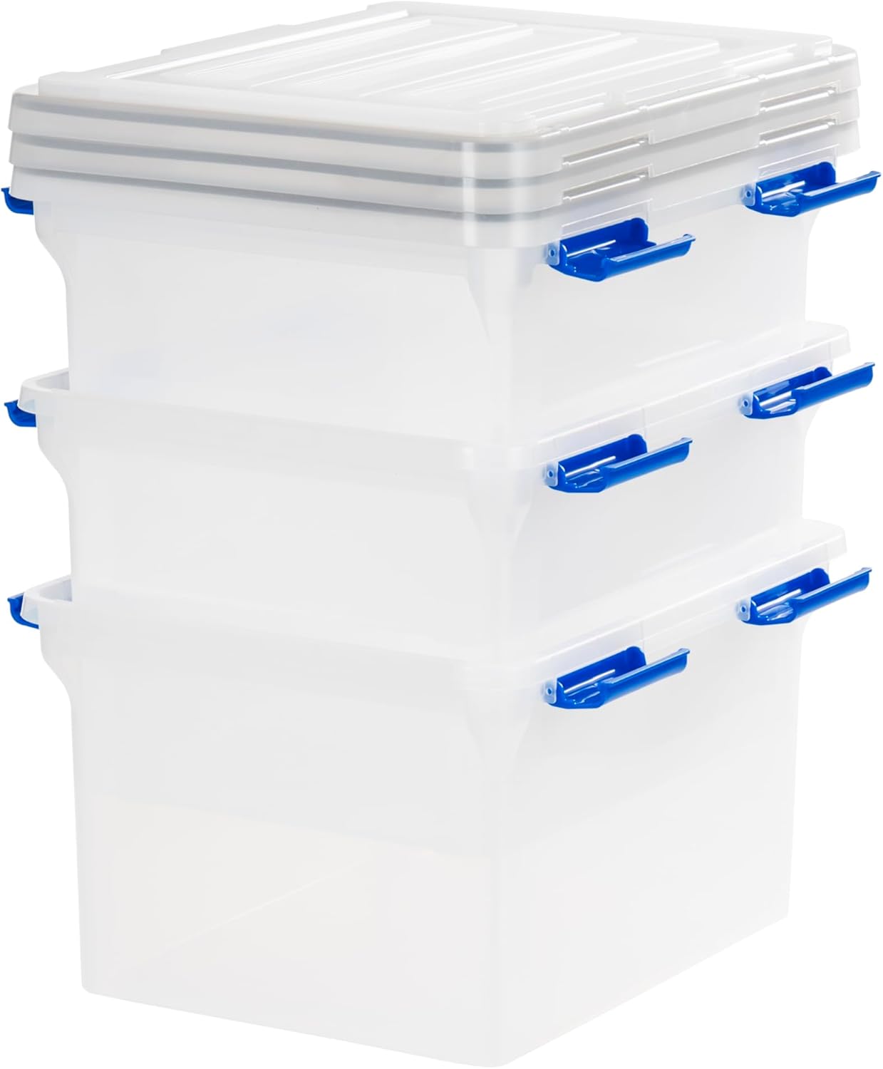 IRIS USA File Box, File Organizer w/Hinged Split Lid for Letter File, Important Document Box, Plastic Storage Filing Bin for Moving, Stackable Nestable Portable, Pearl 44 Qt. 4 Pack