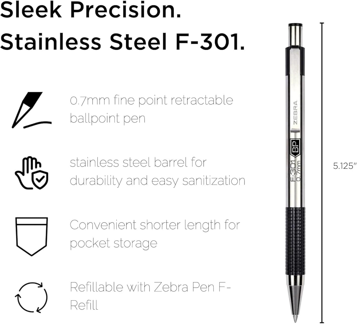 Zebra Pen F-301 Ballpoint Black, Blue, Red and Green Ink, Fine Point 0.7mm Pen, Easy-Glide Ink, Stainless Steel Retractable, Non-Slip Grip, Professional Design, Ideal for Office, 4-Pack (27174)